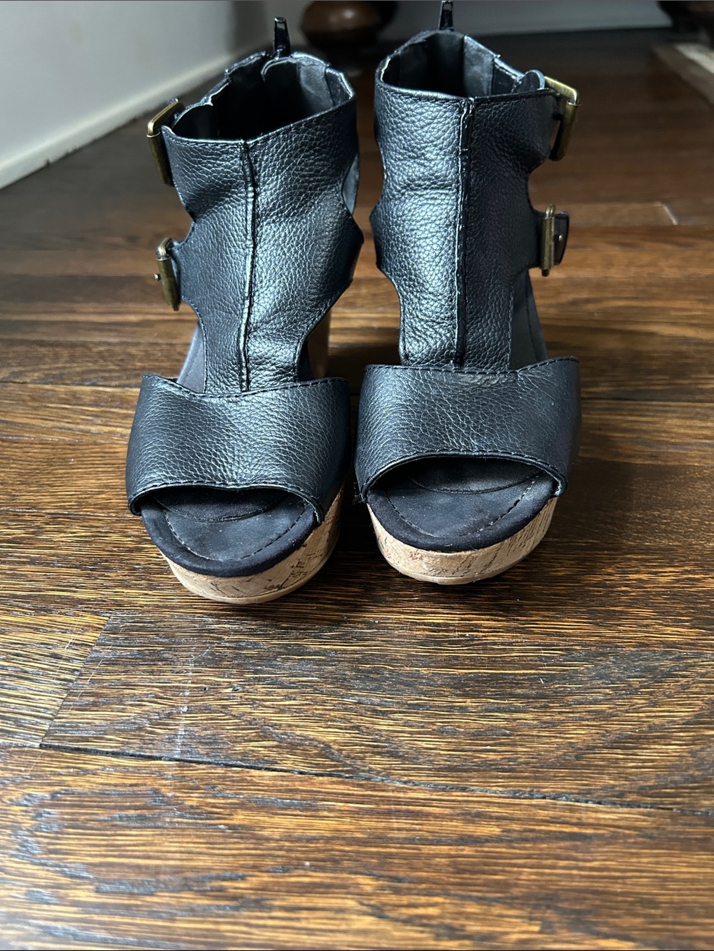 Women's Nine West Black Leather Open-Toe Wedge Sandals